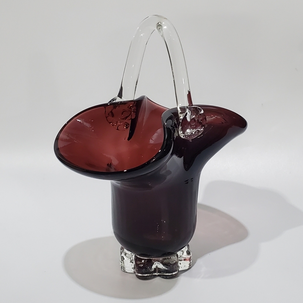 7 1/2" Blown Ruby-Purple/Amythest & Clear Glass Basket